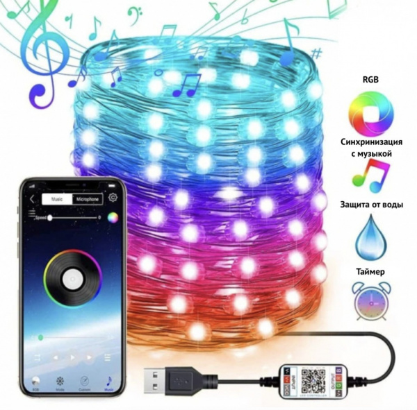 Умная RGB Wi-Fi гирлянда с управлением через смартфон, пульт или умный дом 15 метров