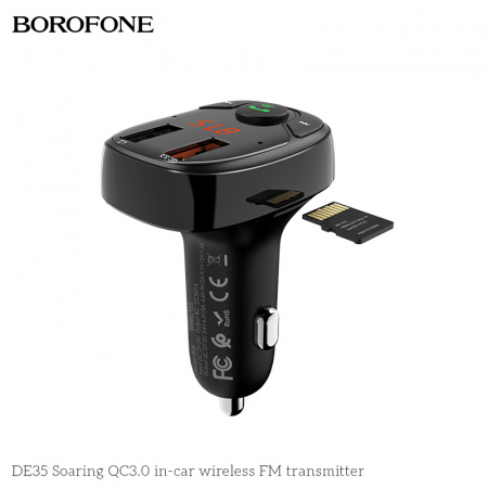 Автомобильное зарядное устройство BOROFONE DE35 Soaring 2*USB, 3A, черный, FM-передатчик, FM/SD/BT