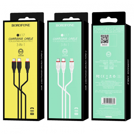 Кабель 3 в 1 Borofone BX17 Enjoy, lightning, micro USB, USB Type-C, черный 1 м