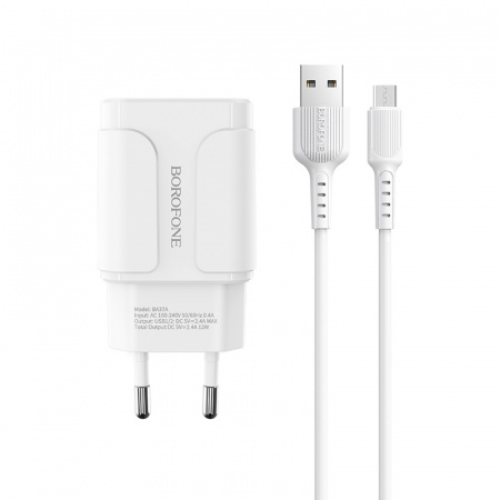 Зарядное устройство BOROFONE BA37A Speedy 2*USB, 2.4A, белый, кабель micro USB