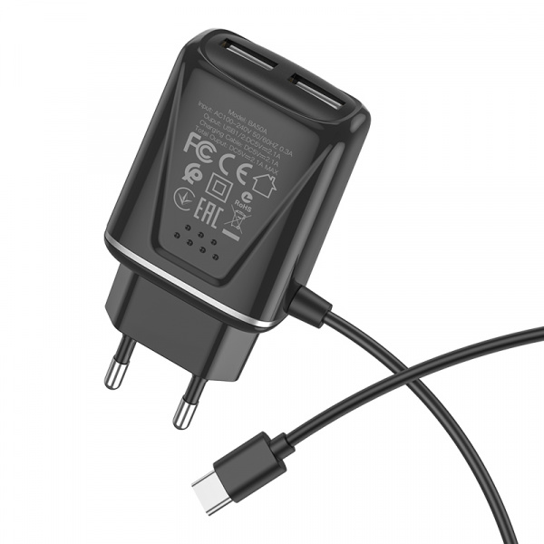 Зарядное устройство BOROFONE BA50A Beneficence Type-C, 2.1A, черный, два порта