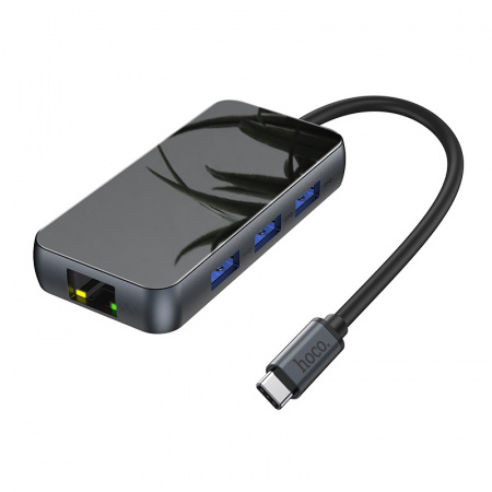 Переходник HOCO HB16 Easy expand, Type-C - 3xUSB3.0+ HDMI+PD+RJ45, серый металлик