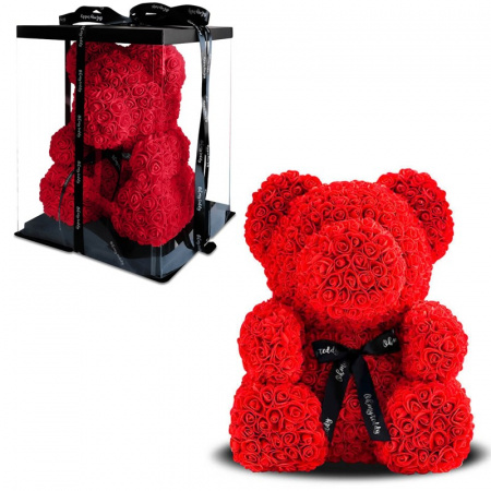 Мишка из роз 3D с бантом 40 см красный