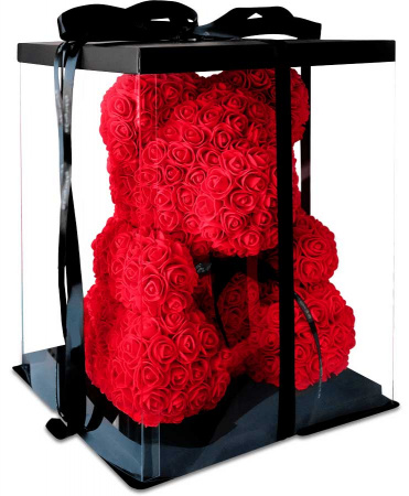 Мишка из роз 3D с бантом 40 см красный