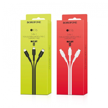 Кабель 3 в 1 Borofone BX16, lightning, micro USB, USB Type-C, белый 1 м